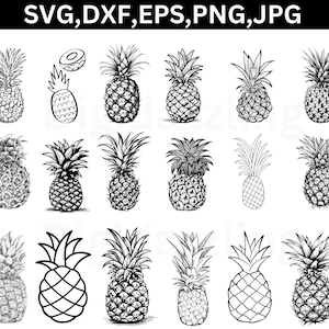Op de afbeelding: Zwart-wit illustraties van ananassen in verschillende stijlen. De afbeelding bevat gedetailleerde tekeningen en contouren van de tropische vrucht, met enkele ontwerpen met dwarsdoorsneden. De tekst "SVG, DXF, EPS, PNG, JPG" staat bovenaan.