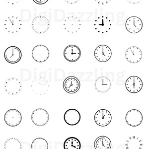 May include: A selection of black and white clock face designs. Some show specific times, others are blank or have Roman numerals. The image includes the text "SVG, PNG, EPS, DXF, JPG". The designs are suitable for digital use.