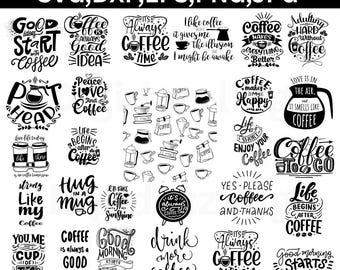 May include: A collection of black and white coffee-themed designs in SVG, DXF, EPS, PNG, and JPG formats. The designs include various quotes and illustrations related to coffee, such as "Good Morning Starts With Coffee" and "Coffee To Go."