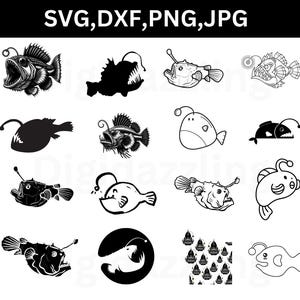 Angler fish Svg, Angler fish cut file for Cricut, Cute anglerfish Svg, Black seadevil png for stickers