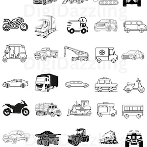 May include: A collection of black and white line drawings depicting different vehicles, such as cars, lorries, motorbikes, and construction machinery. The image includes the text "SVG, PNG, EPS, DXF, JPG".