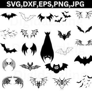 Puede incluir: Una colección de siluetas de murciélagos negros en varios diseños. La imagen incluye murciélagos con alas extendidas, patrones de alas detallados y murciélagos de estilo caricatura. El texto "SVG, DXF, EPS, PNG, JPG" está en la parte superior.