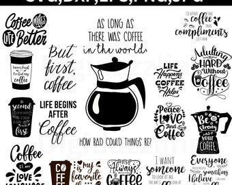 May include: A collection of black and white coffee-themed graphics, including quotes like "Coffee Makes Life Better," "Life Begins After Coffee," and "I'd Rather Take Coffee Than Compliments." The image also features coffee pots and cups.