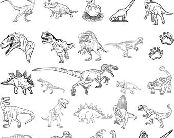 Könnte beinhalten: Schwarz-Weiß-Illustrationen verschiedener Dinosaurier, darunter ein T-Rex, Stegosaurus und Triceratops. Das Bild enthält auch Dinosaurier-Fußabdrücke und den Text "PNG.SVG.JPG.DXF.EPS".