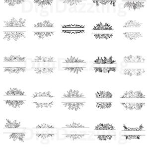 May include: Black and white floral design elements for digital use. The image features various floral and botanical illustrations, each with a horizontal bar for text. The text at the top reads "SVG, PNG, EPS, DXF, JPG".