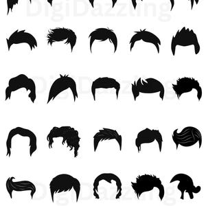 May include: A collection of black hair silhouettes in various styles. The image includes text at the top that reads "SVG, PNG, EPS, DXF, JPG". The hairstyles range from short and spiky to longer, wavy designs.