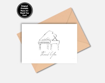 May include: Printable thank you card featuring a black and white sketch of a grand piano with the text "Thank You" written in cursive.