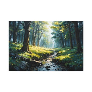 Leinwand Wandbild, ruhige Wiese mit Bach, Natur Landschaft Druck, Wohndeko, Greenery Kunstwerk, rustikale Wanddekoration