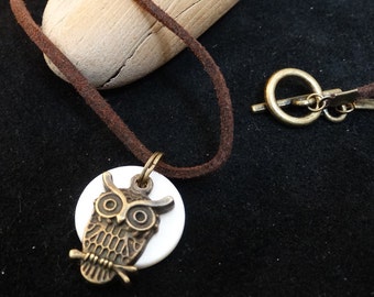Owl in the moon, brass, leather and shell moon necklace