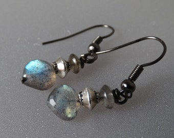 Sterling Silver disk and earthy faceted labradorite earrings.