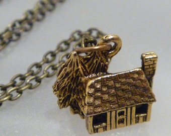 Mini, miniature, brass 16 inch chain with cabin in the woods, pine trees, mountain, charm necklace.