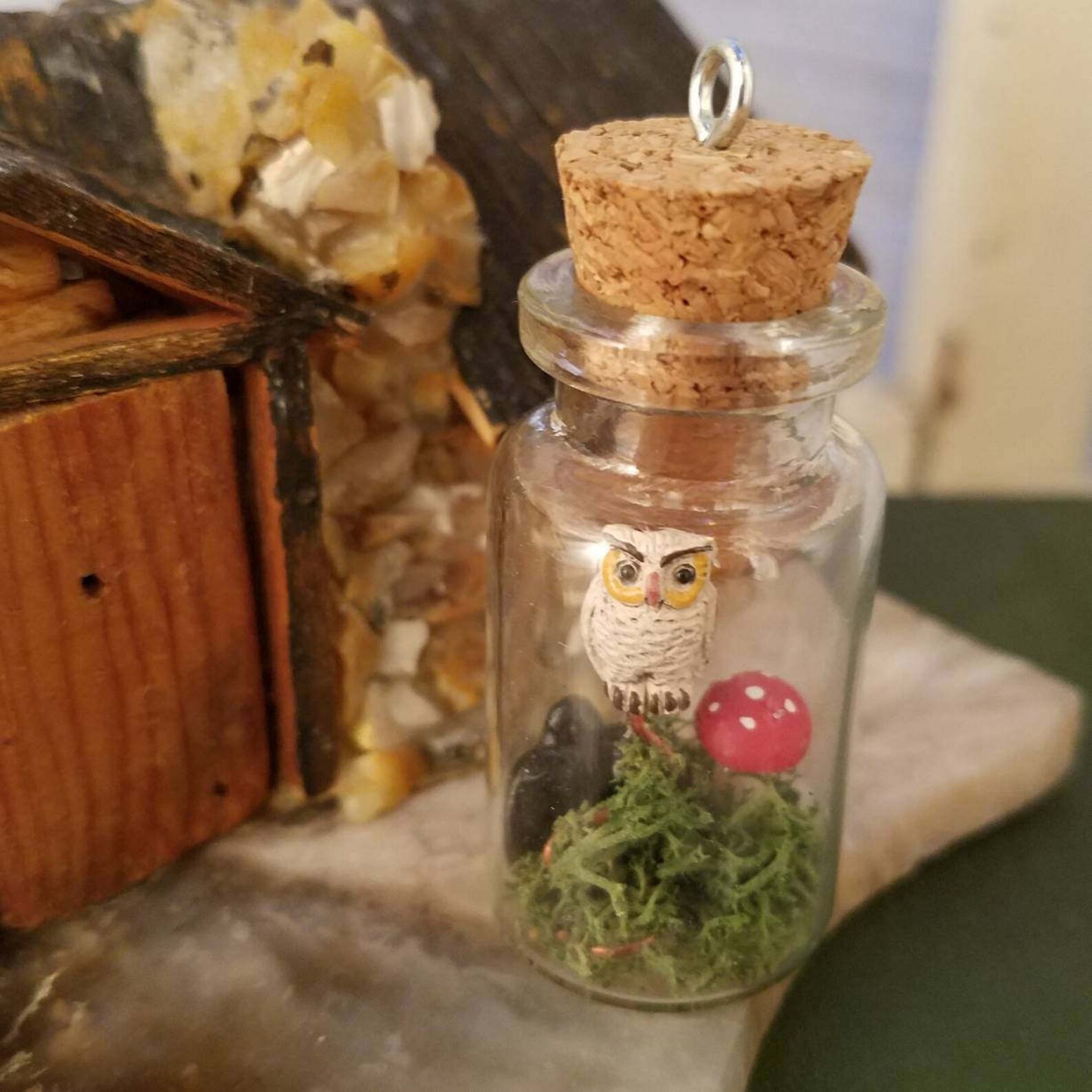 Barn Owl, Red Amanita Mushroom, Tiny Black Rocks, Live Moss, 2 Glass