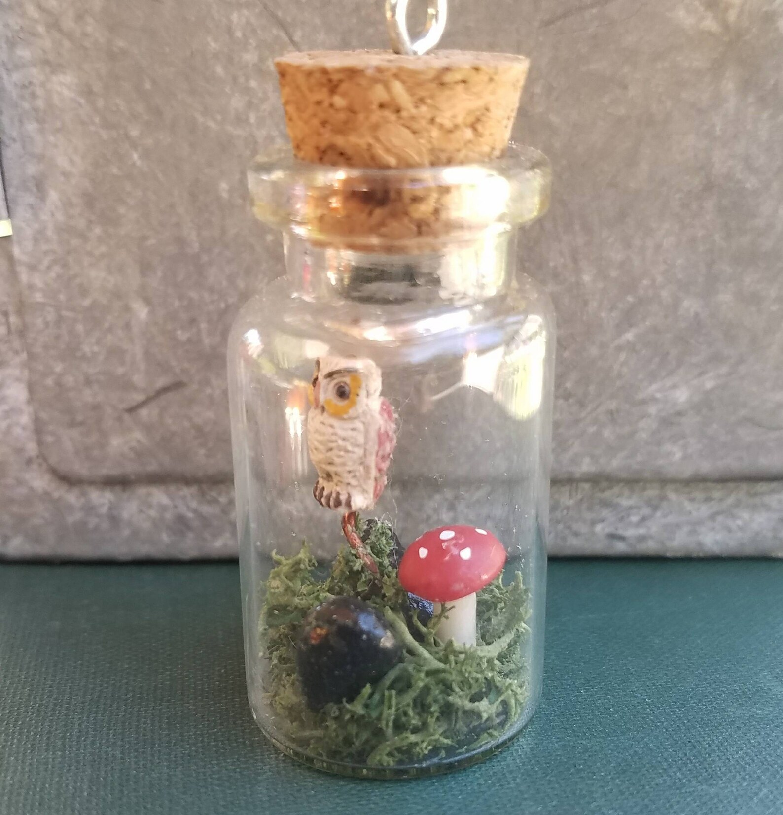 Barn Owl, Red Amanita Mushroom, Tiny Black Rocks, Live Moss, 2 Glass