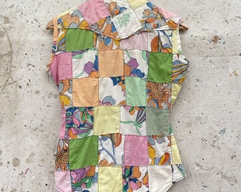 Chemise/Bluse en patchwork Baumwolle des années 1960er/70er Made in India abgeschnittene Ärmel