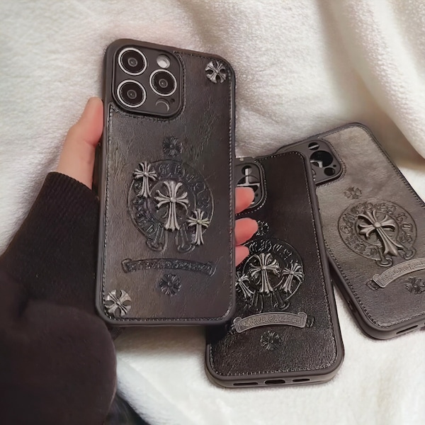 Floral Cross iPhone Case, 3D Leather Embossed Phone Case, Y2K Opium Goth Phone Cases For iPhone 15 14 13 12 11 Pro Max Mini X XS XR 8 7