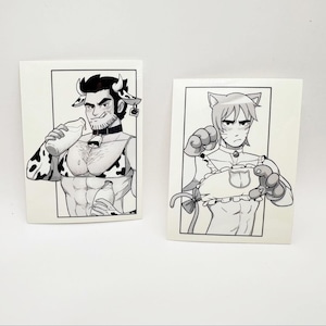 May include: Two black and white illustrations of people dressed in costumes. The first illustration shows a person with a cow costume, holding a glass of milk. The second illustration shows a person with a cat costume, holding a cat toy.