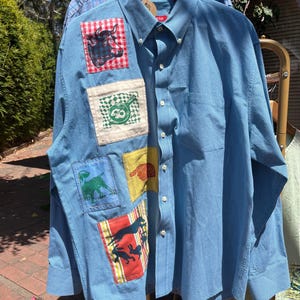 Hand Printed Reworked Button Down - (linocut) with random patches