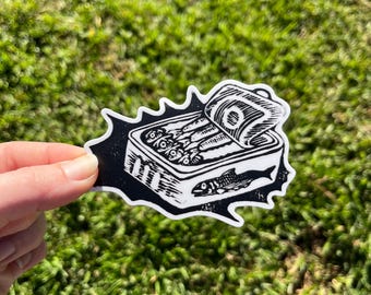 Vintage Sardine Tin Vinyl Sticker: Original Block Print Design