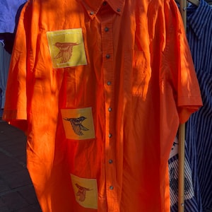 Hand Printed Reworked Short Sleeve Button Down - (linocut) with Bird Patches Orange