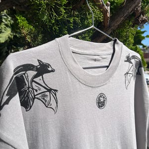 Hand Printed - Premium Cotton Tee (block print/linocut) Tee Shirt with BATS in Grey/Gray