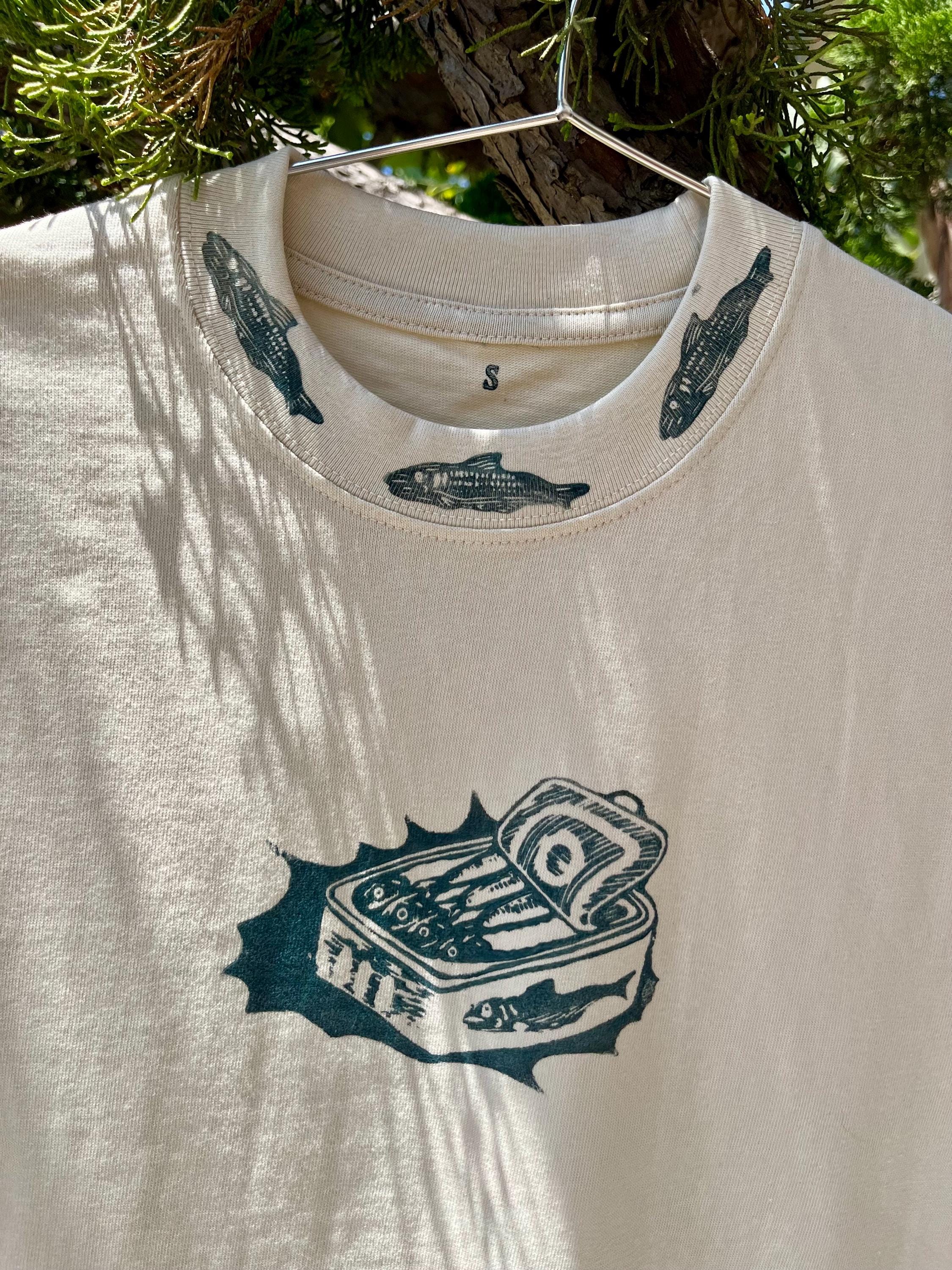 Hand Printed (block print/linocut) Premium Quality Tee Shirt w/ Sardines in multiple colors