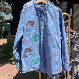 Hand Block Printed Cotton Button Down: Egg and Shrimp Patches, Size XXL