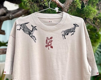 Hand-Printed Winter Fawn Deer Cotton Tee: Warm Grey Linocut Shirt