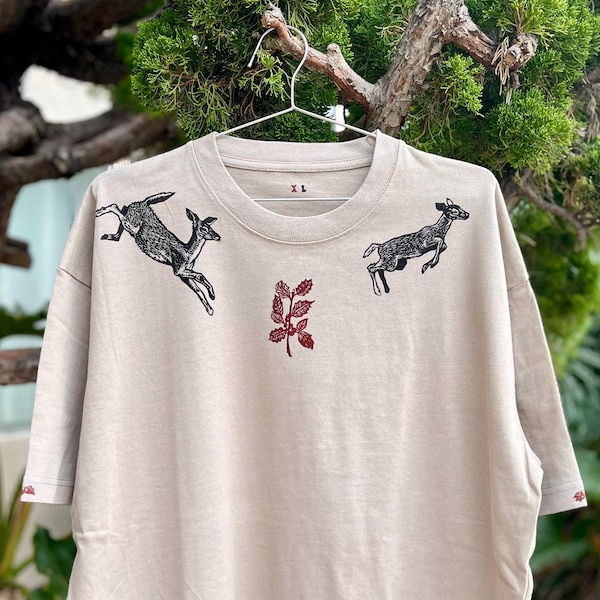 Hand-Printed Winter Fawn Deer Cotton Tee: Warm Grey Linocut Shirt