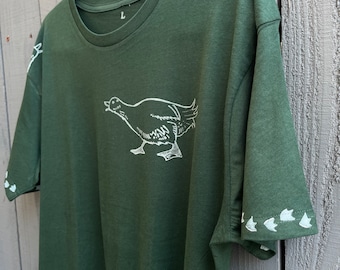 One-Of-A-Kind Hand Printed (block print/linocut) Tee Shirt “Silly Goose” white on green