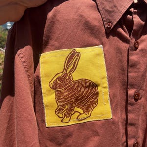 Hand Block Printed Cotton Button Down: Bunny Rabbit Patches, Size L