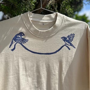 Hand Printed Birds Cotton Tee: Linocut Block Print, Bow Sleeve