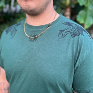 One-Of-A-Kind Hand Printed (block print/linocut) Tee w/ Bats in Forest Green