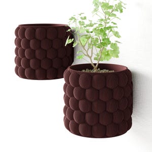 Può includere: Due fioriere bordeaux strutturate con un design unico a forma di bolla. Una fioriera contiene una pianta verde. Le fioriere sono cilindriche e sembrano essere realizzate in un materiale scanalato. Le fioriere sono montate su un muro bianco.