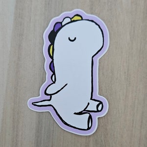May include: A white cartoon dinosaur with a purple, yellow, and black striped design on its back. The dinosaur is standing on its hind legs with its front legs raised. The dinosaur has a purple background.