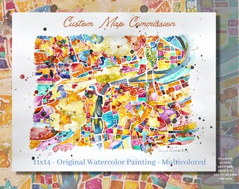 11x14 Custom Map Commission - Original Watercolor Painting - Multicolor Palette