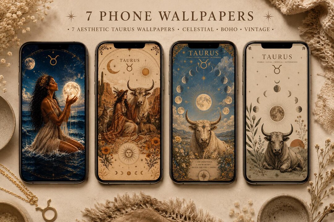 Taurus Zodiac Phone Wallpaper Bundle | Boho Celestial Lock Screens ...