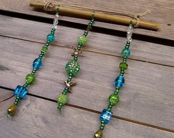 Window Sun Catcher with Hummingbirds - Multiple Strand Green and Blue Crystals - Beaded Mobile - Boho Sun Catcher