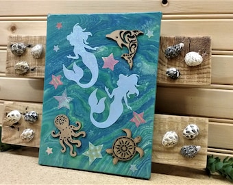 Mermaid Wall Decor - Ocean Life Decor - Kids Room Decor - Beach House Decor - Dolphin - Turtle - Octopus - Sea Shells - Upcycled Palletwood