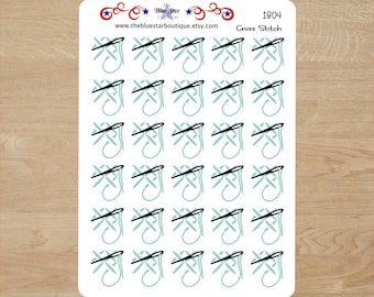 May include: A sheet of 36 stickers featuring a cross stitch design with a needle and thread in blue and black. The stickers are on a white background and the text "1804 Cross Stitch" is at the top of the sheet.