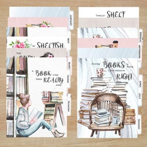 May include: A watercolor illustration of a bookshelf with a woman sitting in a chair reading a book. The text on the page reads "A book a day keeps reality away".