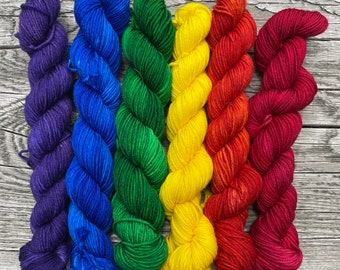 Rainbow Gradient 6 Mini Skeins Set Mountain Sock Fingering 4 Ply 100% Superwash Merino Wool Tonal Indie Dyed Sock Yarn