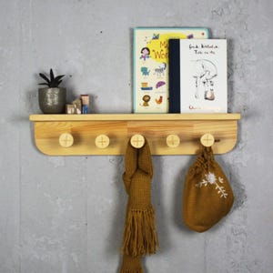 Natural Wood Nursery Shelf with Hooks: Montessori Kids Room Decor