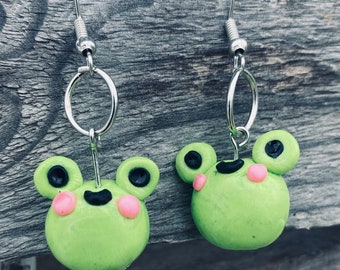 Adorable green frog earrings  hand crafted from colored polymer clay super cute gift ideas for nature lovers!!