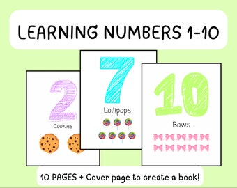 Può includere: Dieci pagine stampabili che presentano i numeri da 1 a 10 con illustrazioni di biscotti, lecca-lecca e fiocchi. Ogni pagina include il numero, una parola che descrive l'oggetto e una rappresentazione visiva del numero.