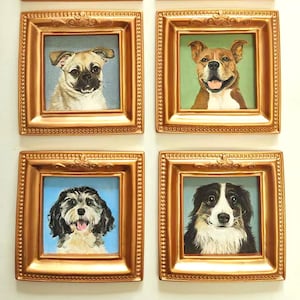 May include: Six framed pet portraits. The portraits feature a cat and five different dog breeds. Each portrait is set within a gold-coloured, ornate frame. The backgrounds of the portraits are various shades of blue and green.