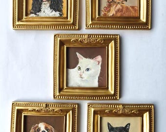 Handgjort akrylporträtt av husdjur, hundporträtt, kattporträtt, anpassat husdjursporträtt från foto, husdjursminnesmärke, miniaturkonst för husdjur, vintagemålning av husdjur