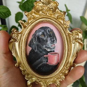 100% handgemachtes Acrylhaustierporträt, Hundeporträt, Katzenporträt, kundenspezifischer goldener Weinleserahmen, Haustier-Denkmal, Mini Kunst, handgemaltes Haustierporträt