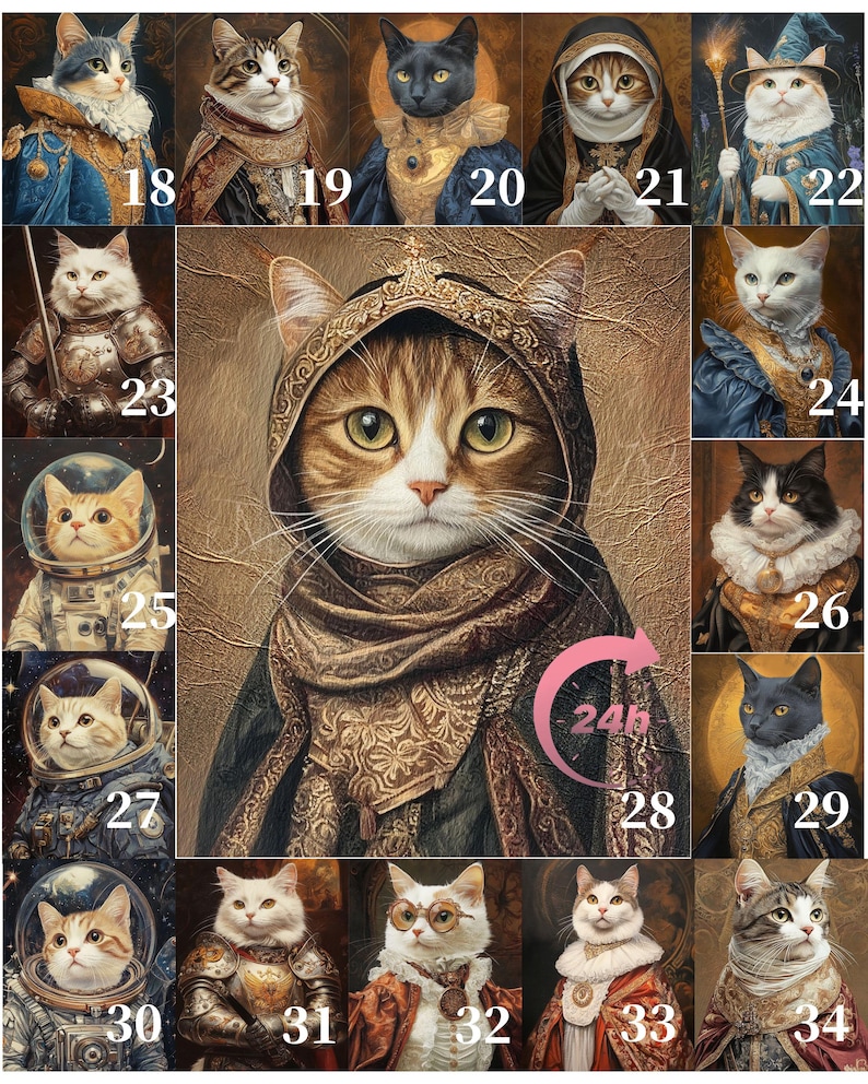 May include: A collage of 34 images featuring cats dressed in various costumes and settings. The cats are depicted in a variety of poses, including sitting, standing, and lying down. Some of the costumes include a knight's armor, a space suit, a wizard's robe, and a nun's habit. The images are arranged in a grid pattern, with each image numbered.