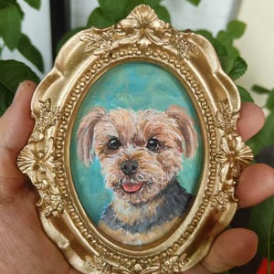 100% handgemachtes Acrylhaustierporträt, Hundeporträt, Katzenporträt, kundenspezifischer goldener Weinleserahmen, Haustier-Denkmal, Mini Kunst, handgemaltes Haustierporträt
