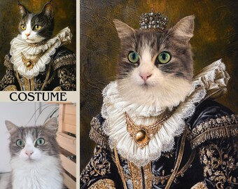 Op de afbeelding: Een kattenportret in de stijl van een renaissanceschilderij. De kat draagt een kroon en een gefranjerde kraag, met een zwart en gouden outfit. De afbeelding bevat de tekst "COSTUME", "PHOTO" en "VOILA!!".